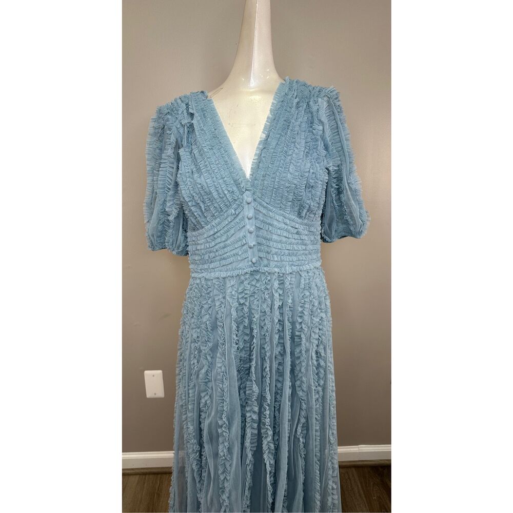 MAC DUGGAL Blue V Neck Puff Sleeve Ruffle Tiered A Line Gown Size 10 $598 - Picture 4 of 9